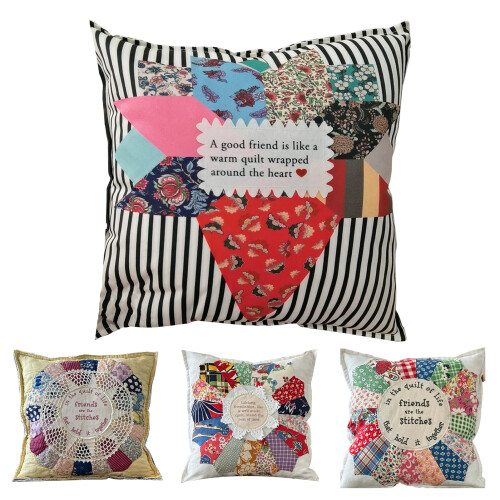 Almofada decorativa com frases sobre amizade, design retrô, patchwork e renda, ideal para quarto, sala de estar e sofá. Presente perfeito com 1