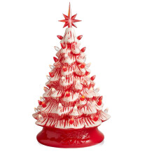 Hand Painted Ceramic Christmas Tree, 15" Red & White Peppermint Pre-Lit with 128 Lights & 2 Stars – Indoor Home Decor