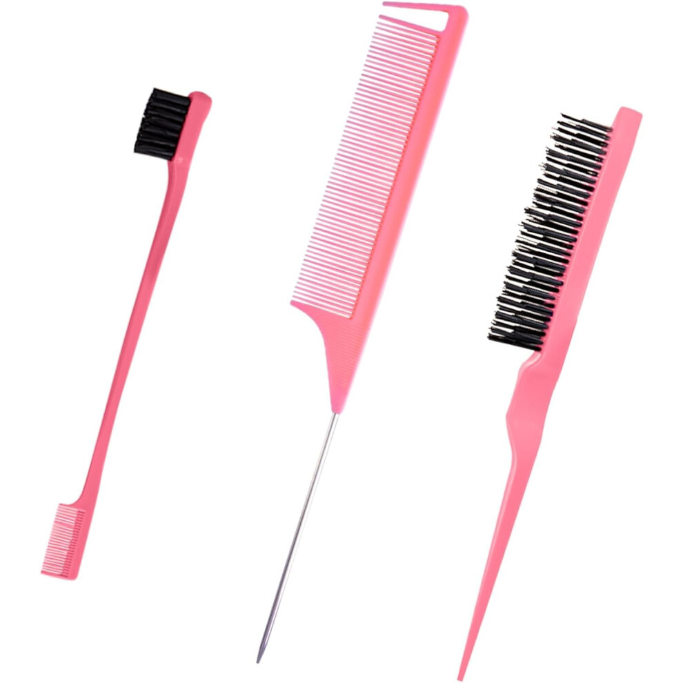 Pink/Black Slick Back Hair Brush Set 3Pcs, Edge Control Brush For Hair, Flyaway Taming Kit