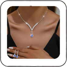 Conjunto de joyas nupciales de plata con diamantes de imitación, collar y pendientes, joyería formal de fantasía para mujeres y novias.