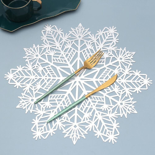 Sawpy Vinyl Metallic Tischsets mit durchbrochenem Design, Schneeflockensilber 1