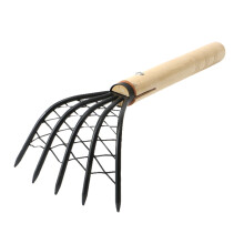 15" Japanese Hand Rake, 5 Teeth Steel Clam Excavator with Mesh & Flat Cowhide Rope for Digging Seafood - Light, Strong, Compact Tool