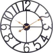 Large wall clock, vintage black metal wall clock with Arabic numerals, silent without ticking sound, analog wall clock, 40 cm, gold hands