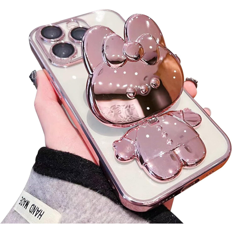 Cute Bunny Stand Case For Iphone 12 Pro Max, Clear Tpu Shockproof 3D Mirror Rabbit Bracket With Camera Protection - Pink 9322103550956