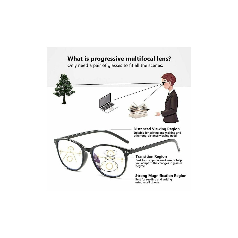 Blue/Light/Black Progressive Multifocal Glasses For Women And Men Blocking Reading Glasses [Db} Strength 2.0X Strength 1.0X