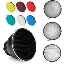 Riflettore standard da 7 pollici (18 cm) con griglia a nido d'ape e diffusore di luce morbida a 6 colori per attacco Bowens.