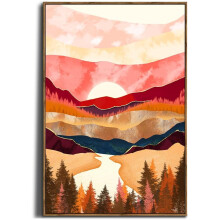 Arte de parede em tela grande 24x36 - Boho Laranja Terroso Montanha Floresta Lua Sol - Decoração abstrata moderna da natureza para quarto e sala de