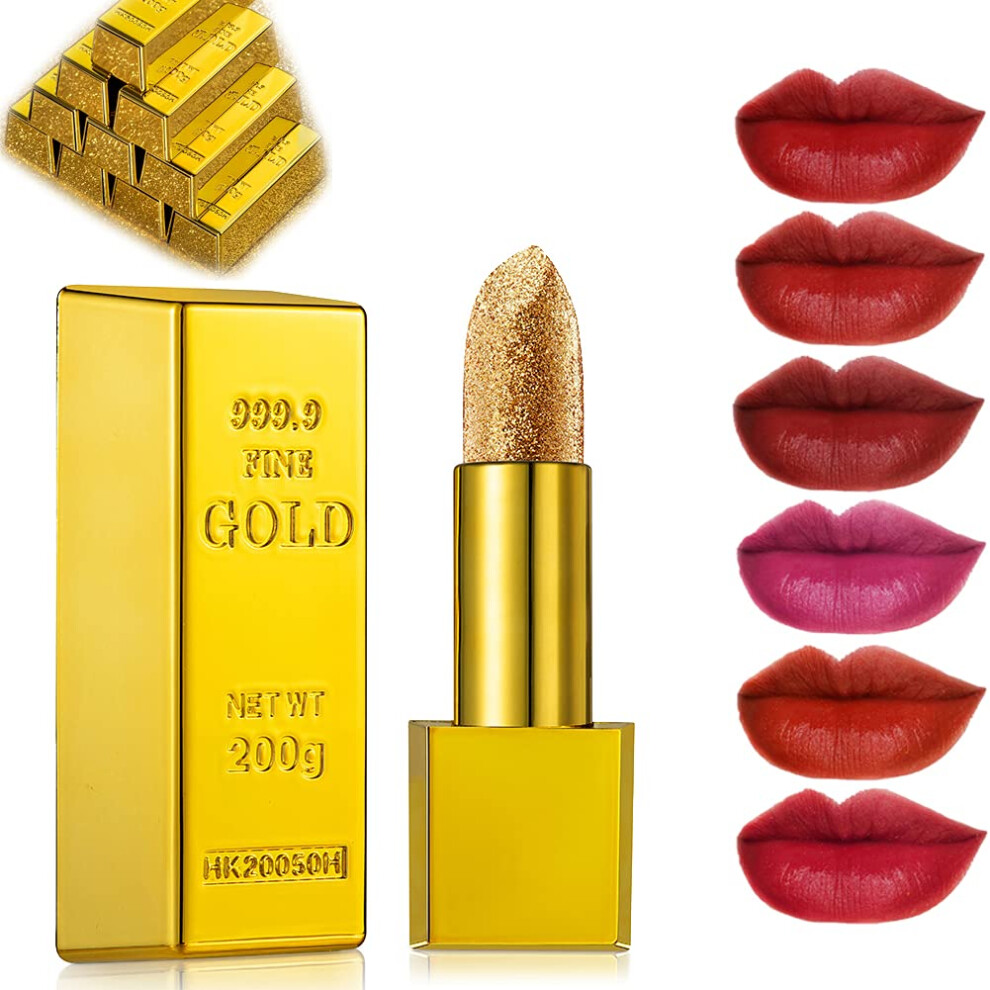 Gold Matte Glitter Lipstick Waterproof Long Lasting Velvet Finish Transfer Resistant Tube 3.5G