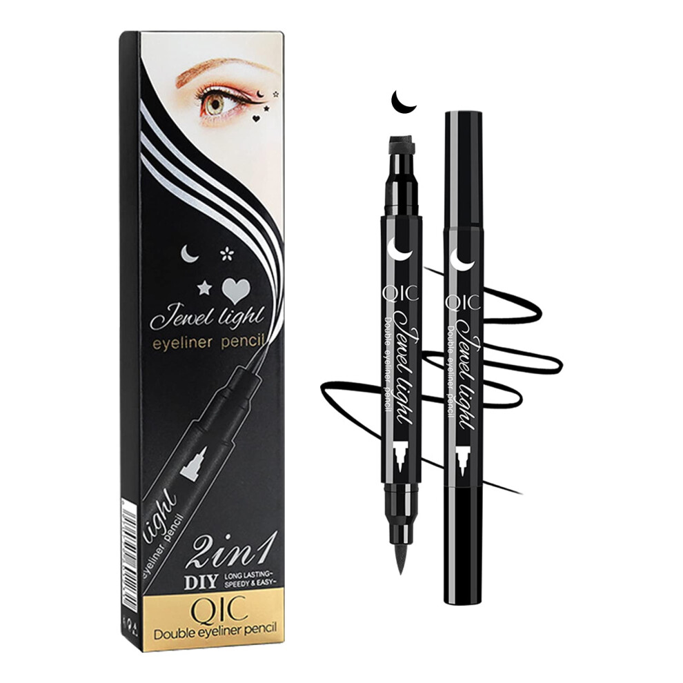 Black Waterproof Double Ended Eyeliner Pen With Wing Stamp, 2 In 1 Long Lasting Eye Makeup