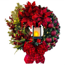 Guirlanda de Natal elegante, vermelha, para porta de entrada, com vela de LED no centro. Ideal para decoração de janelas, portas e paredes.