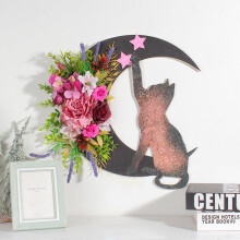 Couronne d'Halloween pour porte d'entrée, décorations de lune avec chat, guirlande florale à suspendre, décoration de fête intérieure et
