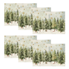 Kerstplacemats met lachende kerstboom, kardinalen en sneeuwvlokken, set van 6, 30 x 45 cm, ronde tafelmatten voor de winter.