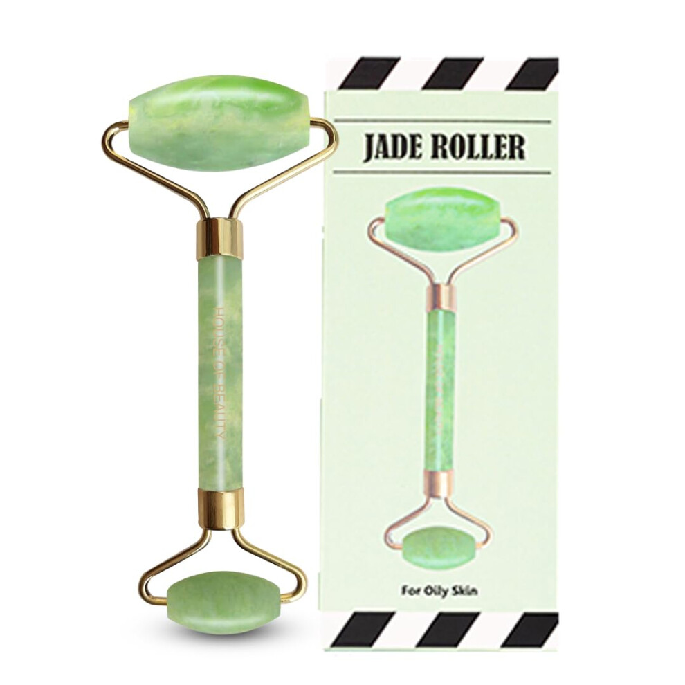Green Jade Roller Face Massager With Dualsided Stone For Puffiness Reduction And Skin Firming