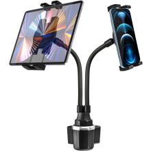 Mugghållare för surfplatta för bil, [Dubbel enhetsklämma] Dubbelkompatibel med iPad-telefonbilfäste med 10" svanhals justerbar