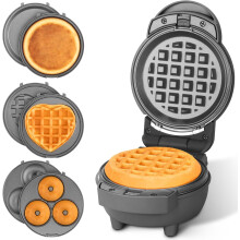Gaufrier 4 en 1 avec plaques amovibles, compatible avec les gaufriers pour mini-crêpes, donuts et cœurs, recette incluse, graphite