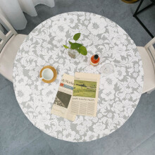 Round Vinyl Tablecloth 44-55'' Gray Chrysanthemum, Waterproof, Flannel Backing, Elastic Edge - Compatible with 6-Seat Patio Tables