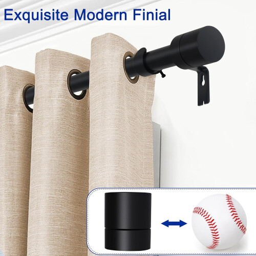 Varão de cortina ajustável preto de 1 polegada, 48-84 polegadas, resistente, com ponteiras modernas, compatível com janelas de quarto. 1