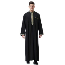 Mens Long Sleeve Embroidered Thobe Black Stand Collar Kaftan Robe Breathable Arabic Wear