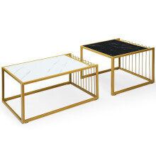 2 x conjunto de mesa lateral, mesa de centro, mesa lateral moderna em mármore, amarelo + preto + branco