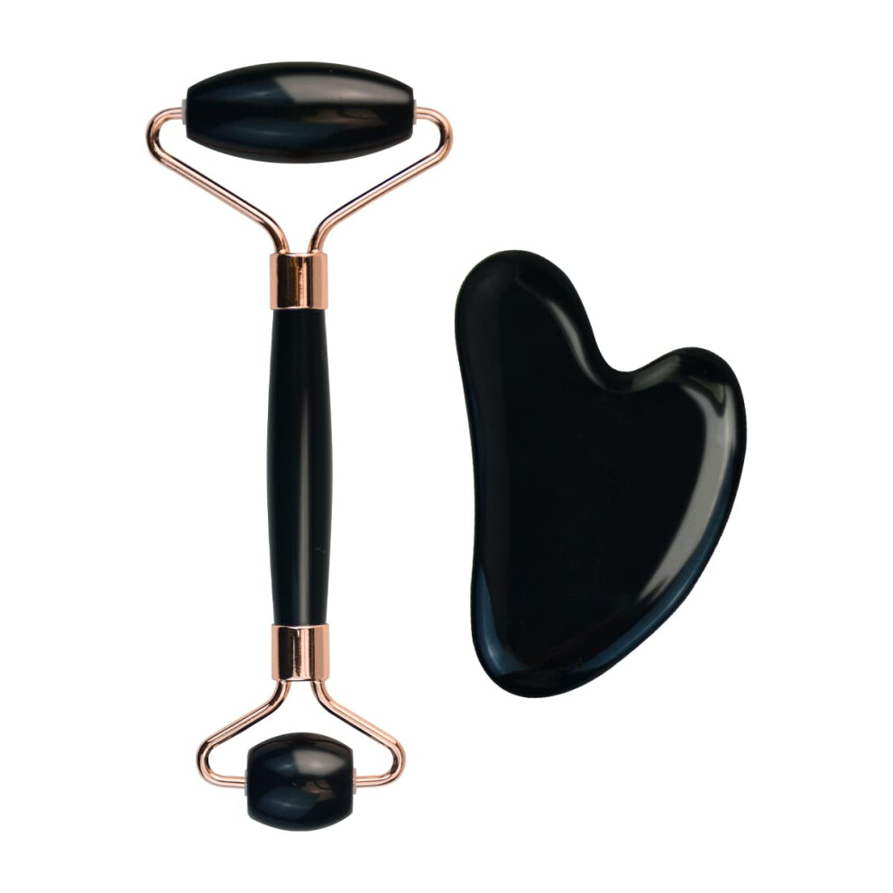 Jade Roller and Gua Sha Set with Obsidian Stone for Face and Neck Massage, Reduce Wrinkles