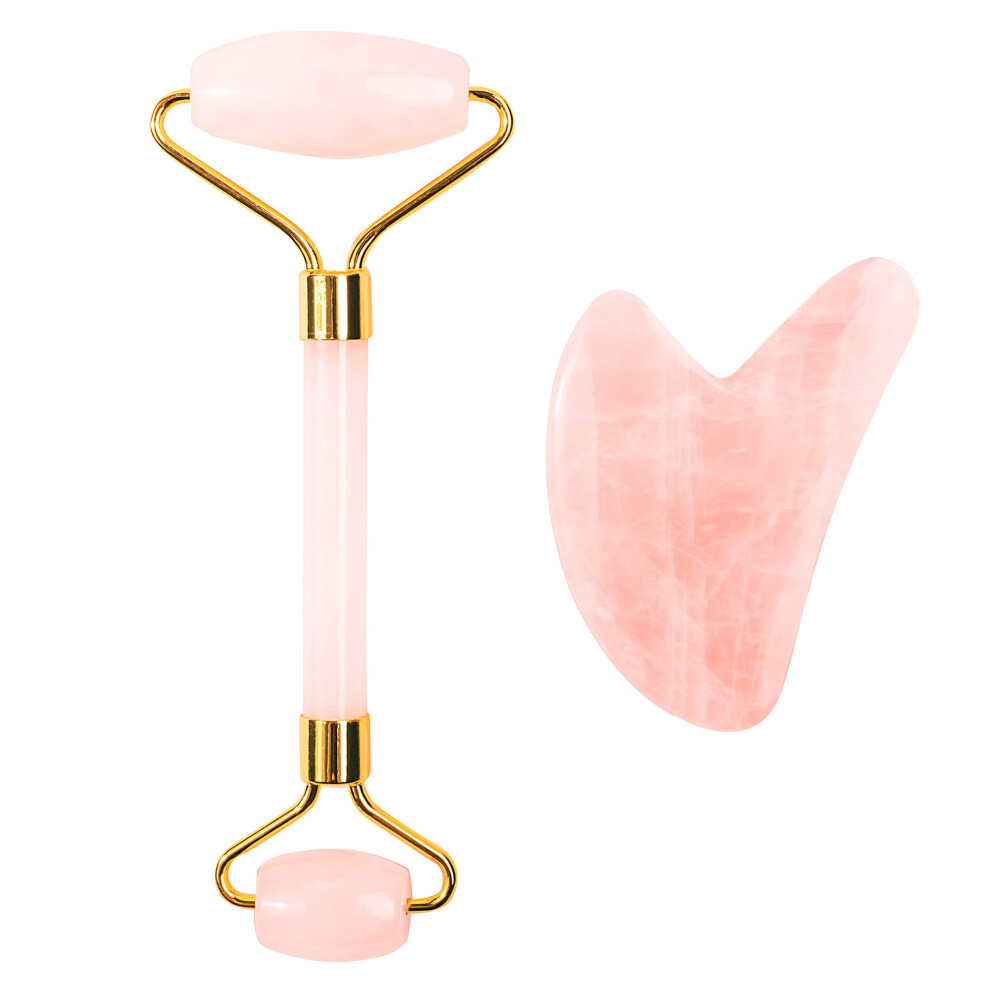 Pink Jade Roller And Gua Sha Set For Face Massage, Reduce Puffiness And Enhance Skin Firmness