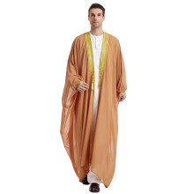 Men's Islamic Robe Golden Embroidered Long Sleeve Kaftan Full Length Chiffon Eid Ramadan Outfit Camel L