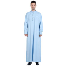 Men's Long Sleeve Sky Blue Arabic Thobe Kaftan Robe with Crew Collar and Button Closure