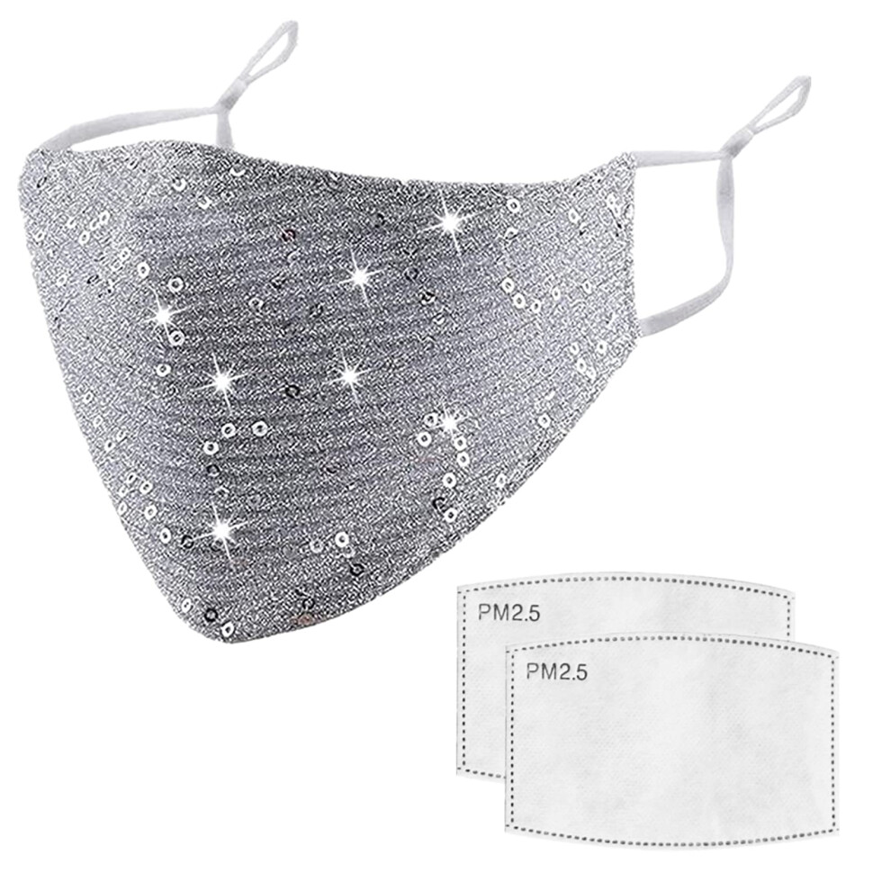 Silver Sequin Face Mask for Women with Glitter Finish, Reusable Cotton Layer, Sparkly Party Style