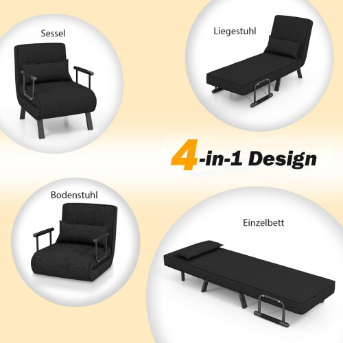 Armchair bed with bed function, folding sofa, sofa bed with adjustable backrest and removable cushion, black 2