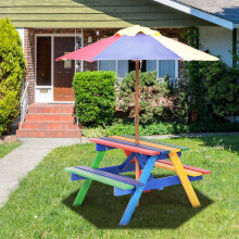 Kinder Sitzgruppe aus Holz Sitzgarnitur Gartengarnitur Kindermöbel Kindertisch mit Sonnenschirm & 2 Bänken für Außen