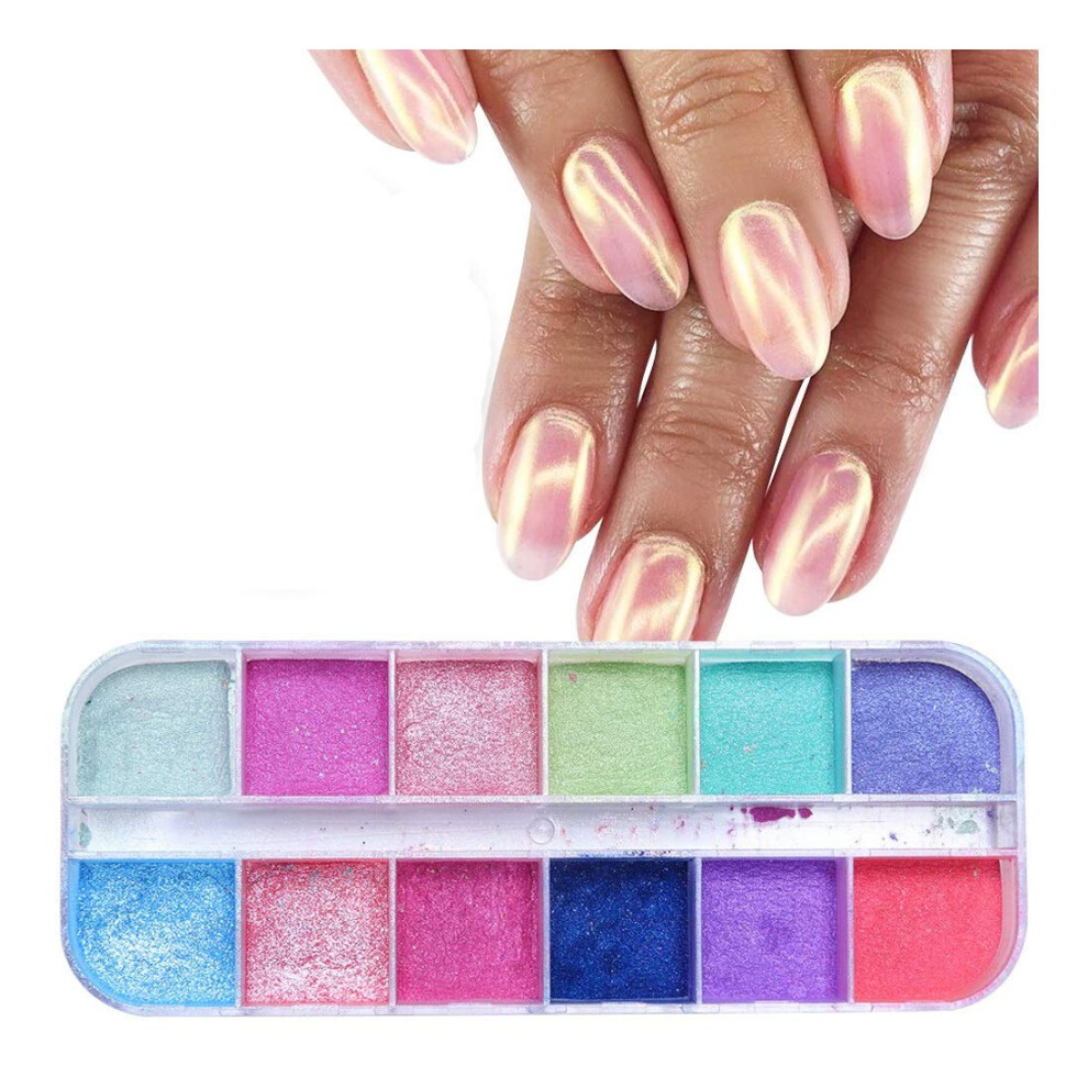 Chameleon Chrome Nail Powder Kit with Aurora Pearl Pigment, 12 Grids Glitter Set for Nail Art