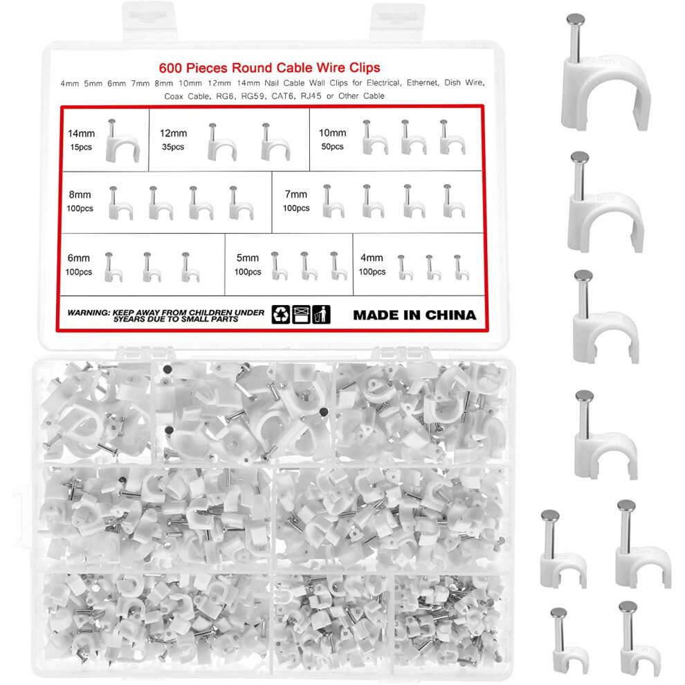 600Pcs White Cable Clips With Steel Nails, 4Mm 5Mm 6Mm 7Mm 8Mm 10Mm 12Mm 14Mm Wire Management For Running Extension 9048212150862