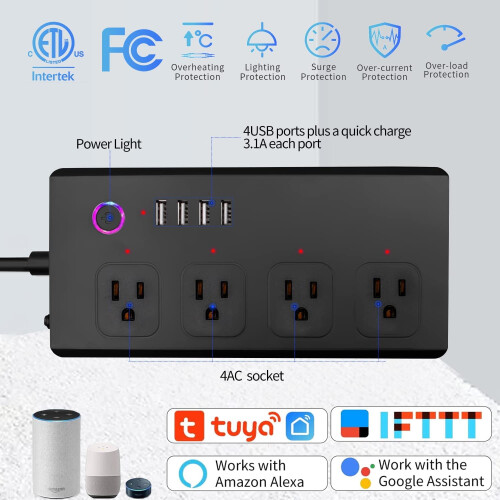 Έξυπνο πολύπριζο USB, καλώδιο επέκτασης προστασίας από υπερτάσεις WiFi, συμβατό με 2