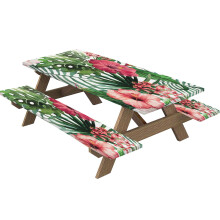 Picnic Table Cover with Bench Covers - Fitted Waterproof Vinyl Tablecloth for Rectangle Tables, compatible with Foot Camping Tables