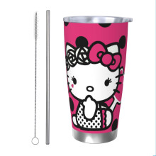 Gobelet isotherme Hello Kitty de 590 ml (20 oz) avec couvercle Ă clapet et paille, garde les boissons froides et chaudes, en acier inoxydable,