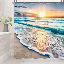 Cortina de chuveiro com tema de praia e oceano, 183 x 183 cm, com 12 ganchos, à prova d'água, vista do nascer e pôr do sol, cena costeira.