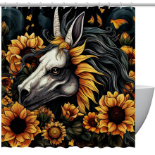 Cortina de Chuveiro Impermeável com Estampa de Girassol e Unicórnio, Ilhós e Ganchos, Decoração Moderna para Banheiro, 183 cm x 183 cm