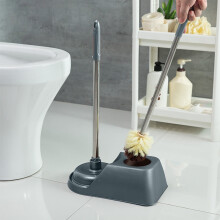Escova de vaso sanitário com suporte, cabo longo, cerdas rígidas e base compacta – Compatível com vasos sanitários padrão.
