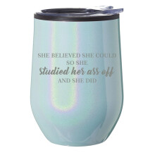 Bicchiere da viaggio senza stelo per vino e caffè con coperchio - Regalo per studentessa laureanda (glitter blu)