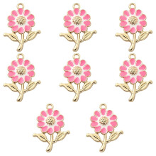 8 stuks legering emaille hangers gouden zonnebloem felroze 27x19x3,5 mm gat: 1,8 mm