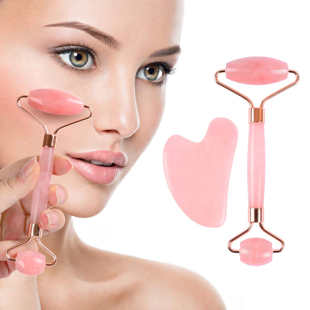 Jade Roller and Gua Sha Set Natural Rose Quartz DualEnd Facial Massager for Face and Neck