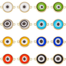 16 buc pandantive conector ochi rău, zale din mărgele din alamă lampwork, pandantive rotunde plate cu două fețe pentru brățări, coliere,