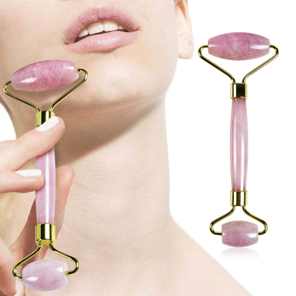 Rose Quartz Face Roller with Gua Sha, DualEnded Facial Massage Roller for Skincare Face and Neck