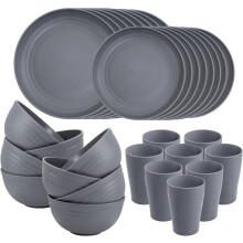 Wheat Straw Dinnerware Set 32pcs for 8, Unbreakable & Reusable, Microwave & Dishwasher Safe, Black Plates, Bowls, Cups