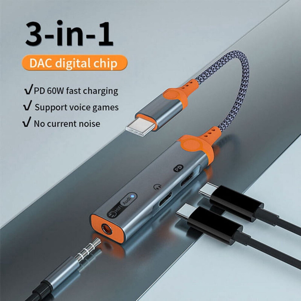 3 In 1 Headphone Jack Adapter Pd60w Fast Charging Splitter Type C To 3.5Mm Audio Dual Type C Earphone Converter-A 9773935952225