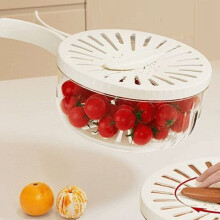 Panier de rangement égouttoir multifonctionnel avec couvercle, filtre à eau 2 en 1 et poignée.
