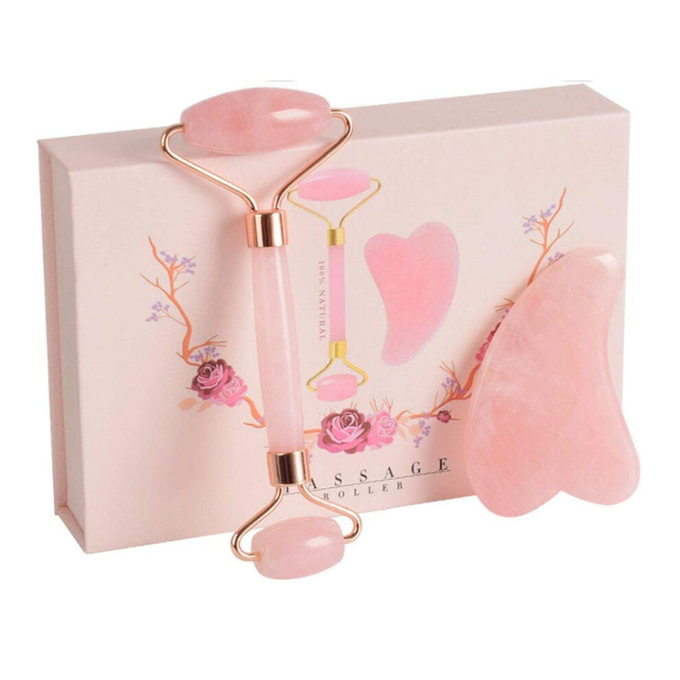 Jade Roller and Gua Sha Set, Natural Rose Quartz Facial Massager for AntiAging, Puffiness and Skin Care
