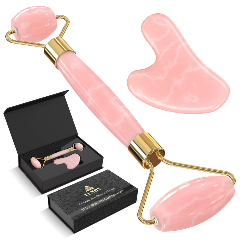 Facial Roller Rose Quartz and Gua Sha Set for AntiWrinkle Massage and Facial Puffiness Reduction