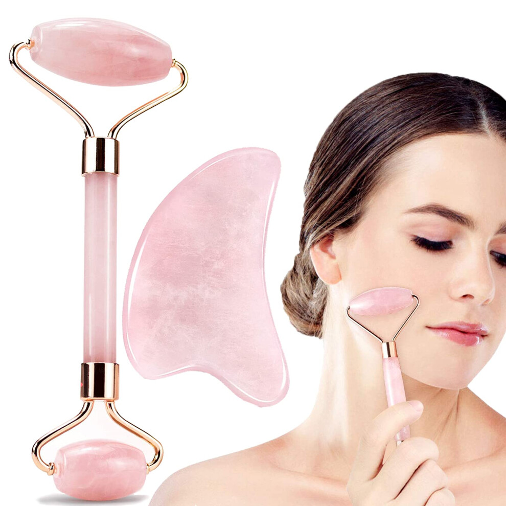 Rose Quartz Jade Roller and Gua Sha Set for Face Eyes Neck Wrinkle Reduction Facial Sculpting