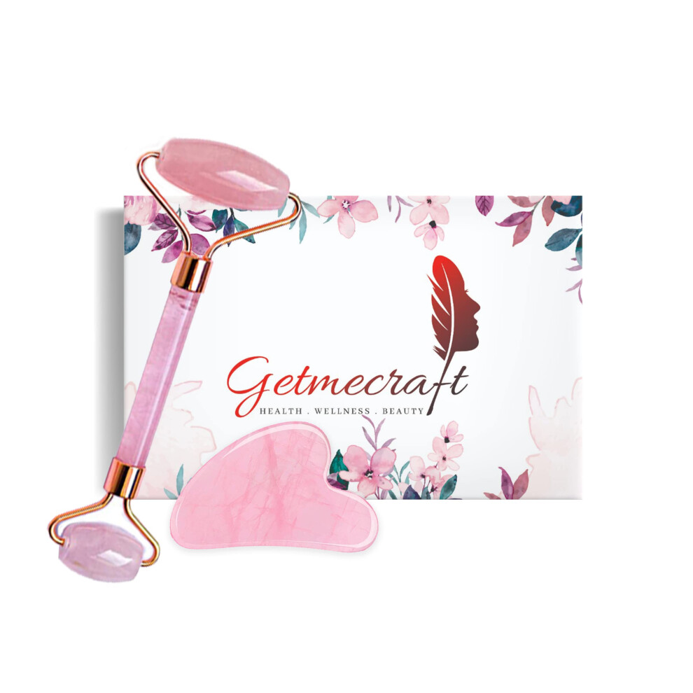 Rose Quartz Face Roller and Gua Sha Set for Puffiness Reduction and AntiAging Skin Care